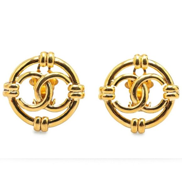 CHANEL CC Logos Circle Round Clip-On Vintage Earrings Gold Tone 94A Auth w/Box - Picture 1 of 4